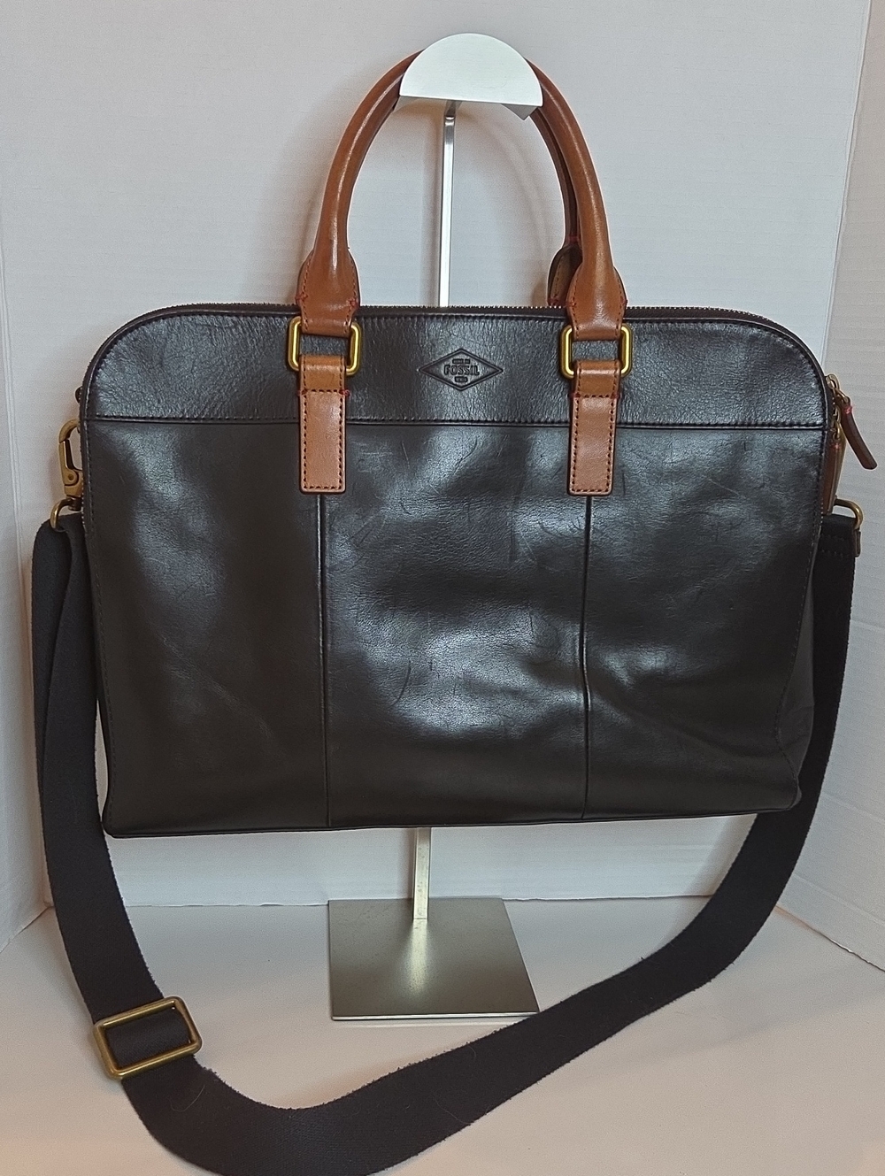Fossil Black Leather Briefcase with Tan Handles